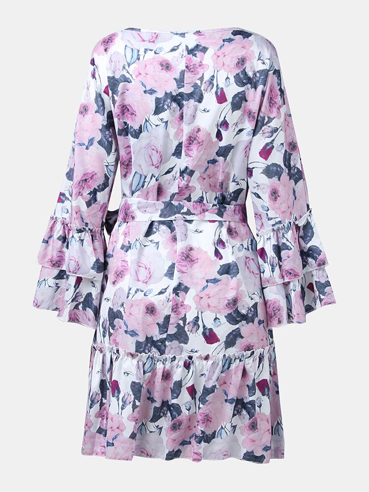 Mini Vestido Casual Con Capas De Volantes Y Cintura Anudada Con Estampado Floral Para Mujer