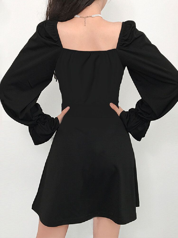 Mini Vestido Casual Con Puño Elástico Sólido Ajustado Con Volantes Y Cuello Cuadrado Con Estilo Para Mujer