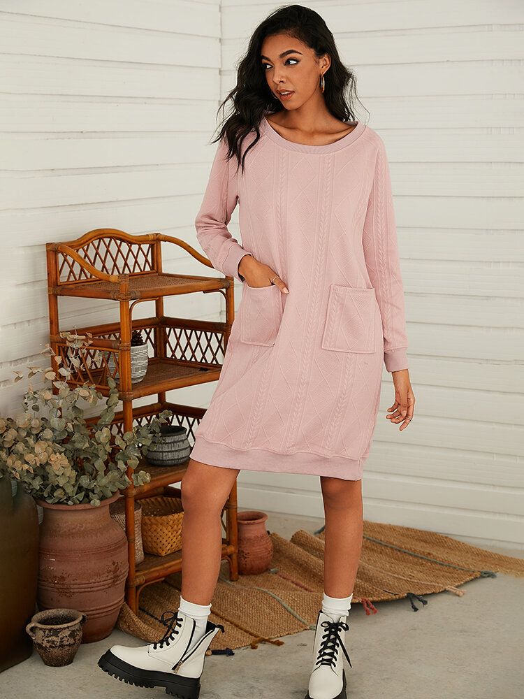 Mini Vestido Casual De Manga Larga Con Cuello Redondo Y Doble Bolsillo De Color Sólido Para Mujer