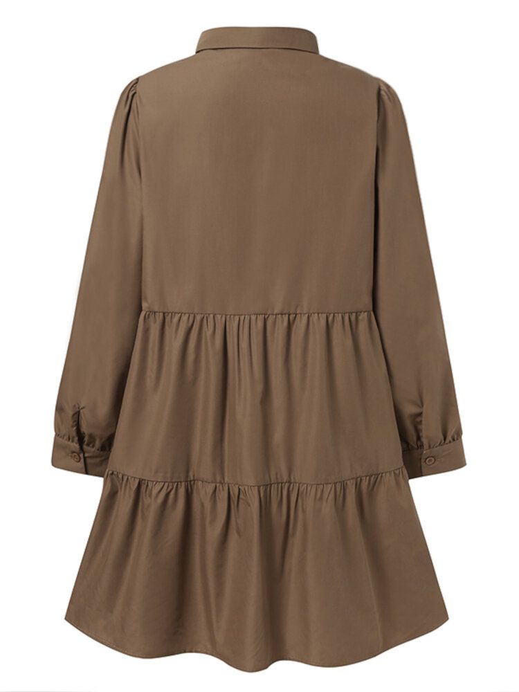 Mini Vestido Casual De Manga Larga Plisado Con Cuello De Solapa De Color Sólido Para Mujer