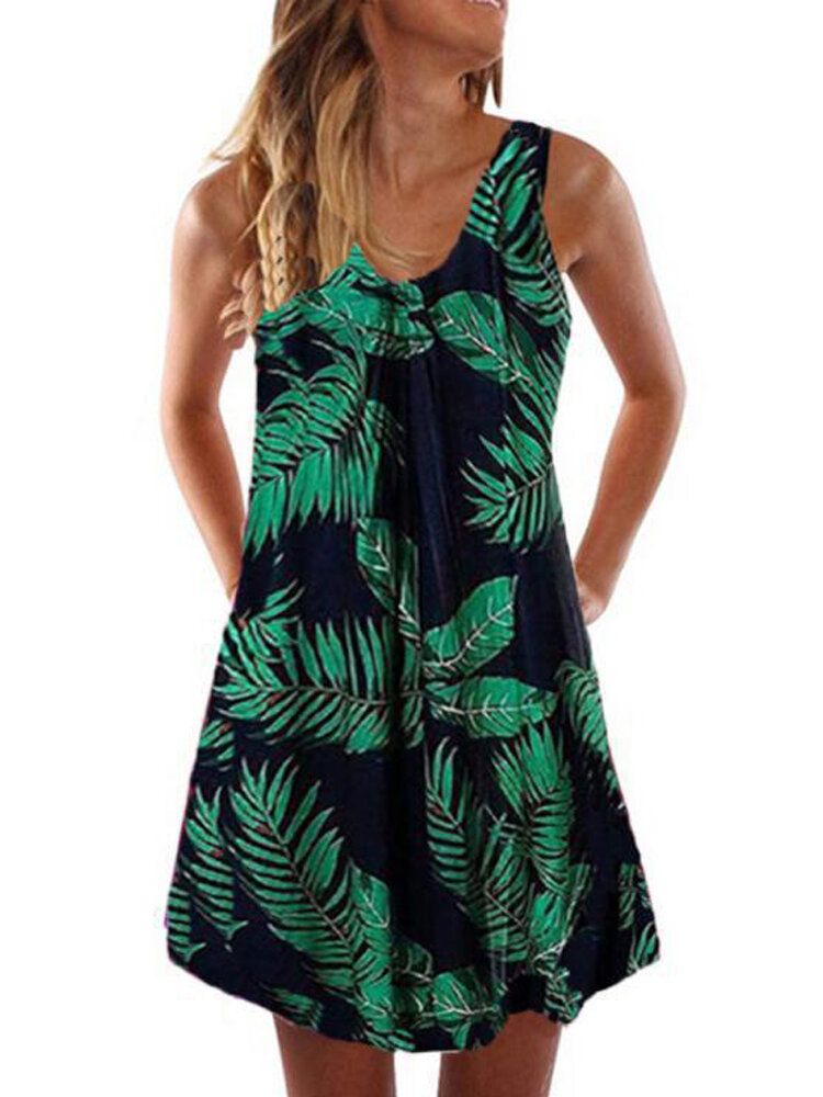 Mini Vestido Corto De Vacaciones Estilo Hawaiano Con Cuello En V Anudado Y Sólido Informal Sin Mangas Con Cuello En V