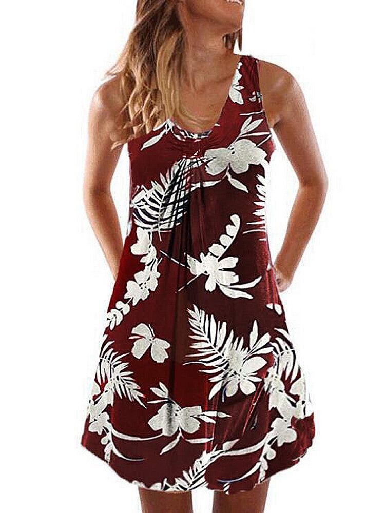 Mini Vestido Corto De Vacaciones Estilo Hawaiano Con Cuello En V Anudado Y Sólido Informal Sin Mangas Con Cuello En V