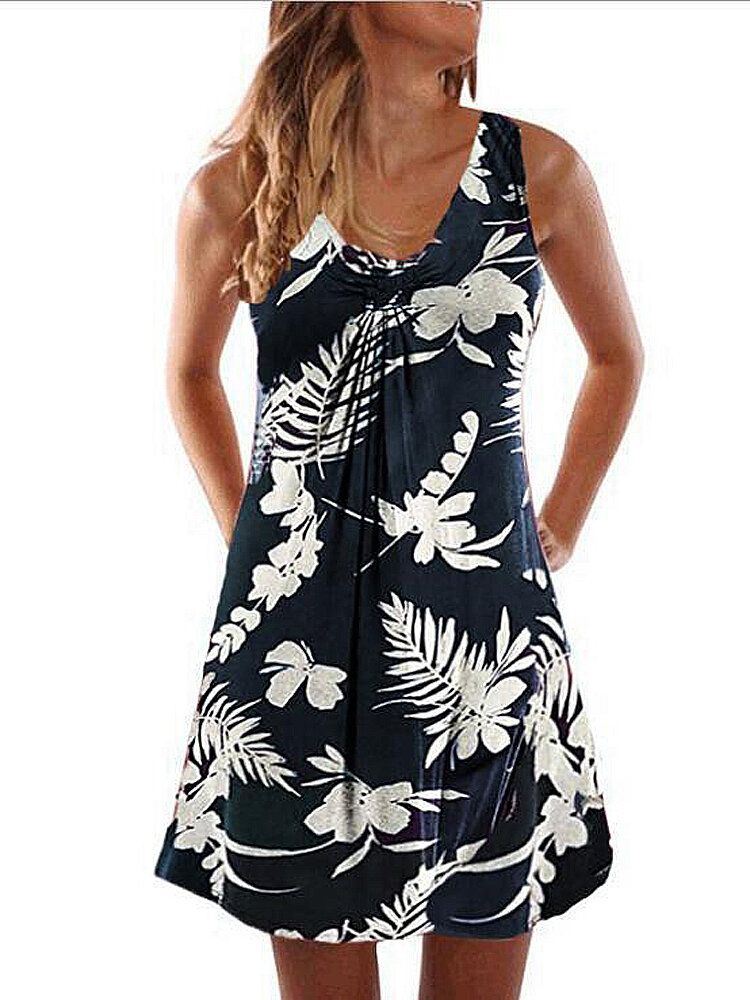 Mini Vestido Corto De Vacaciones Estilo Hawaiano Con Cuello En V Anudado Y Sólido Informal Sin Mangas Con Cuello En V