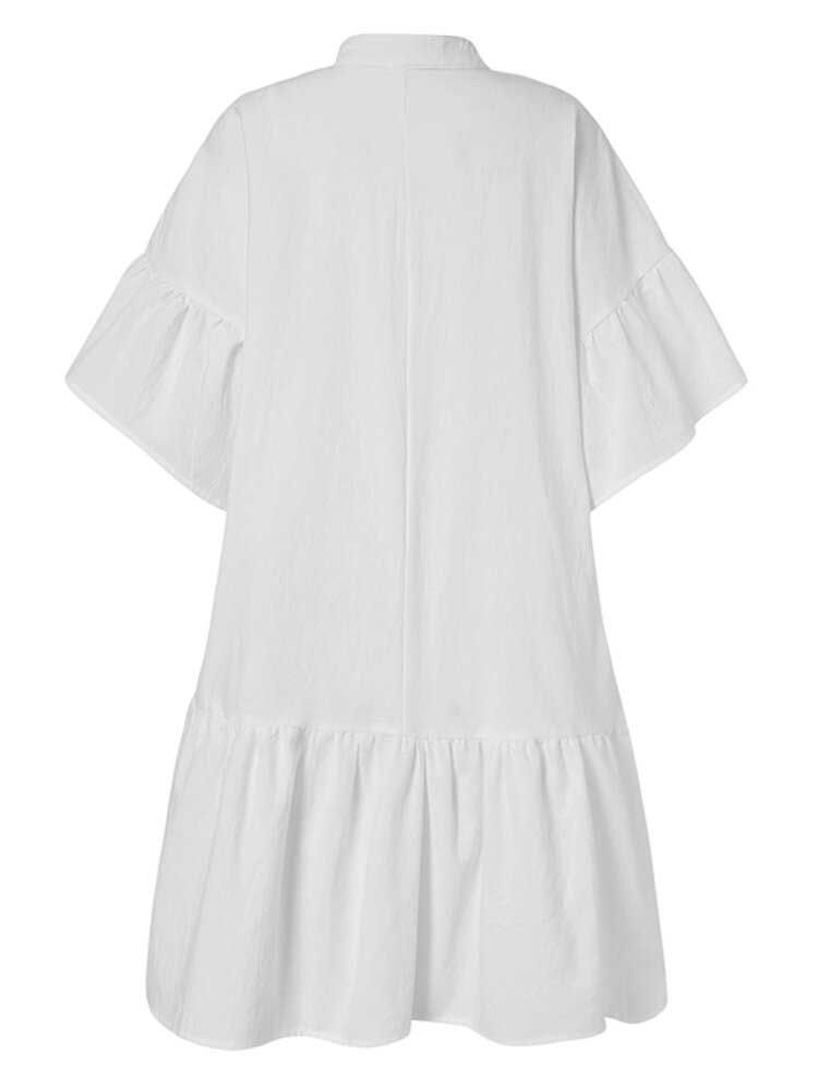 Mini Vestido Informal Con Botones Plisados Y Dobladillo Con Volantes Irregulares Con Manga De Pétalo Para Mujer