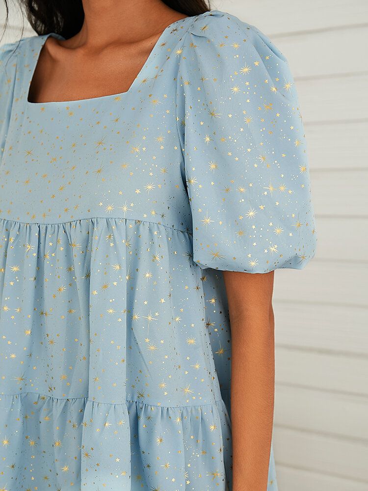 Mini Vestido De Manga Corta En Capas Con Cuello Cuadrado Y Estampado De Estrellas Para Mujer