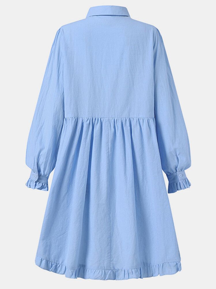 Mini Vestido De Manga Larga Con Dobladillo Con Volantes Y Botones De Cuello De Muñeca De Color Liso Para Mujer Con Bolsillo