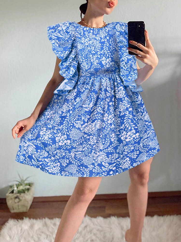 Mini Vestido De Muñeca Diario Informal Sin Mangas Con Adornos De Volantes Y Estampado Floral Para Mujer