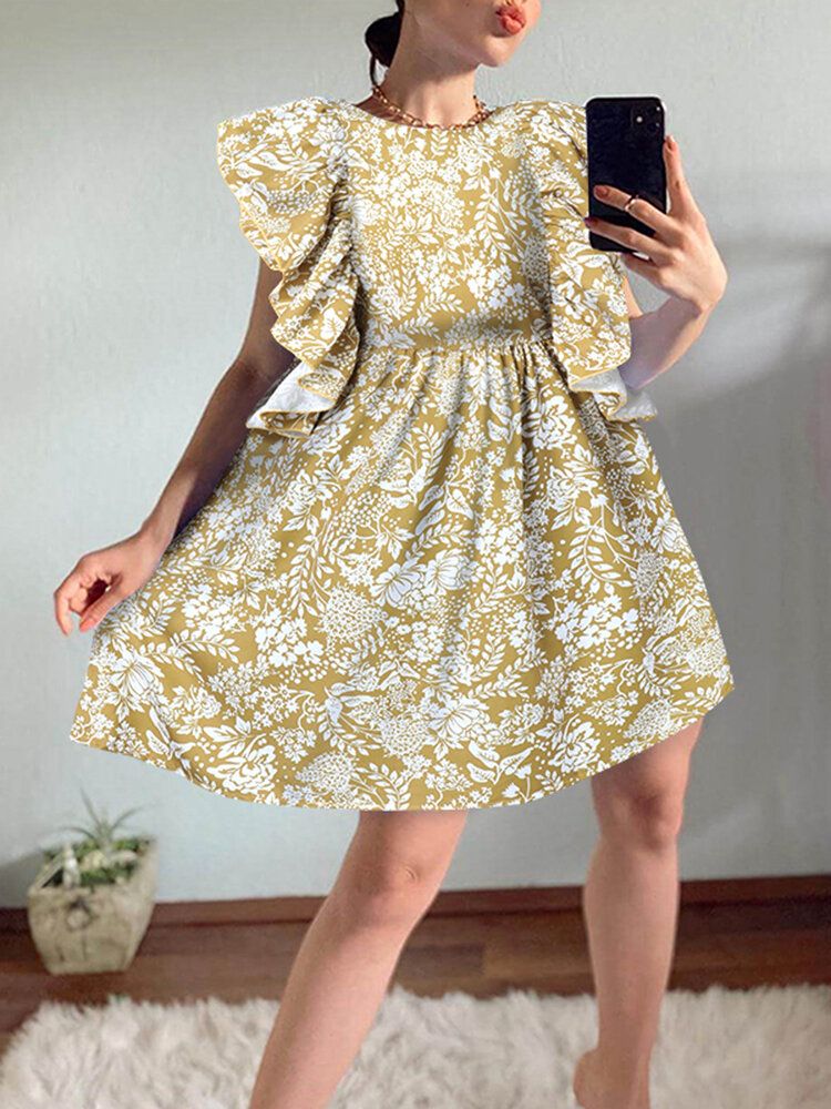 Mini Vestido De Muñeca Diario Informal Sin Mangas Con Adornos De Volantes Y Estampado Floral Para Mujer