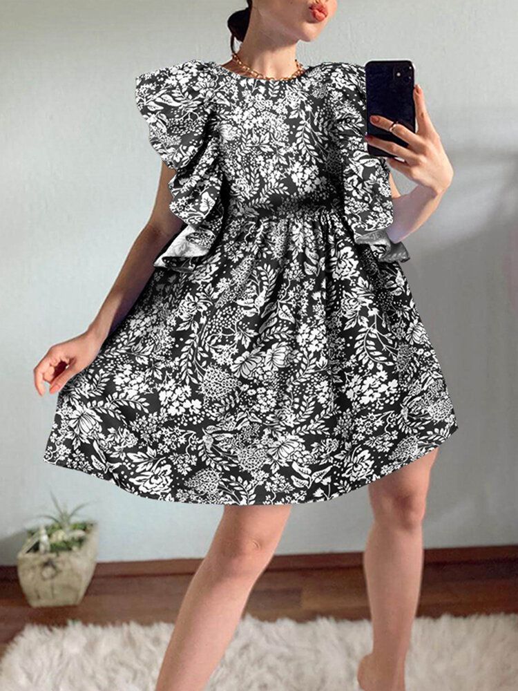 Mini Vestido De Muñeca Diario Informal Sin Mangas Con Adornos De Volantes Y Estampado Floral Para Mujer