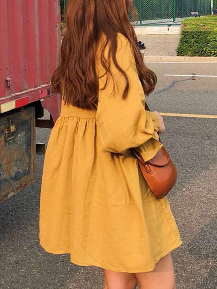 Mini Vestido Plisado Amarillo De Manga Larga Con Cuello Redondo Sólido Para Mujer