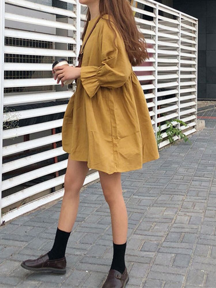 Mini Vestido Plisado Amarillo De Manga Larga Con Cuello Redondo Sólido Para Mujer