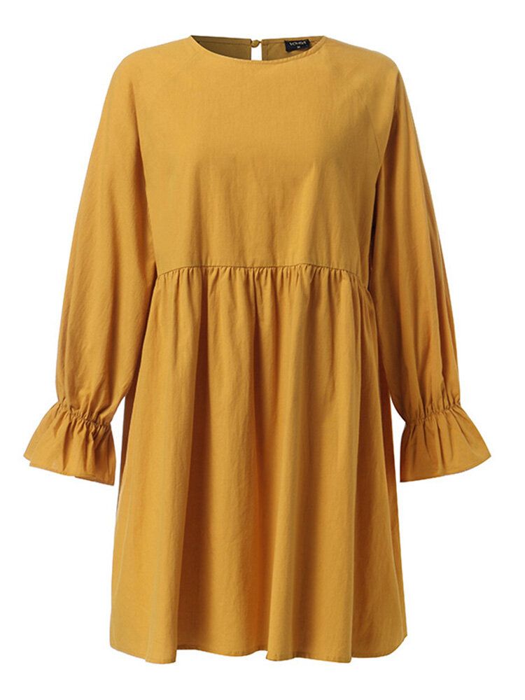 Mini Vestido Plisado Amarillo De Manga Larga Con Cuello Redondo Sólido Para Mujer