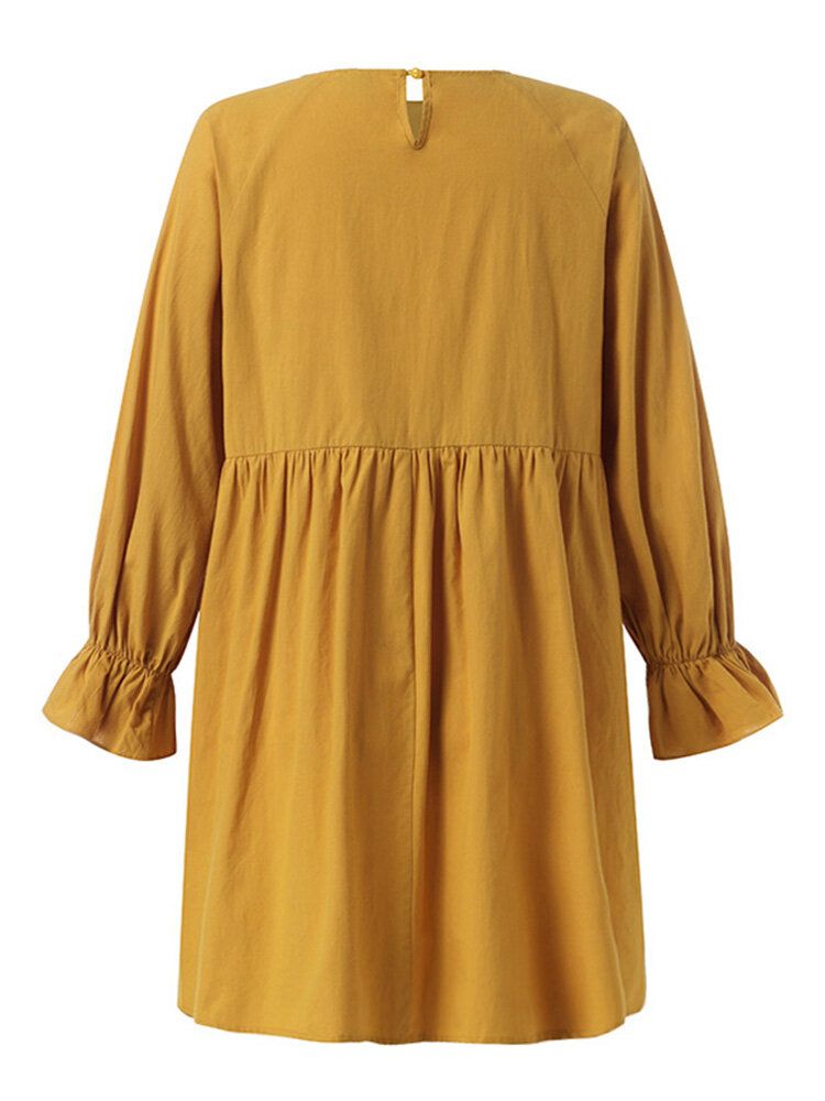 Mini Vestido Plisado Amarillo De Manga Larga Con Cuello Redondo Sólido Para Mujer