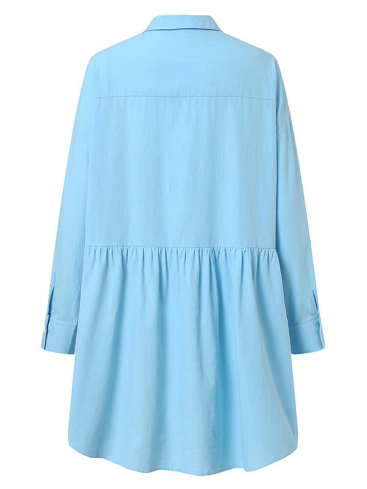 Mini Vestido Plisado Informal De Manga Larga Con Cuello De Solapa Y Botones Festivos