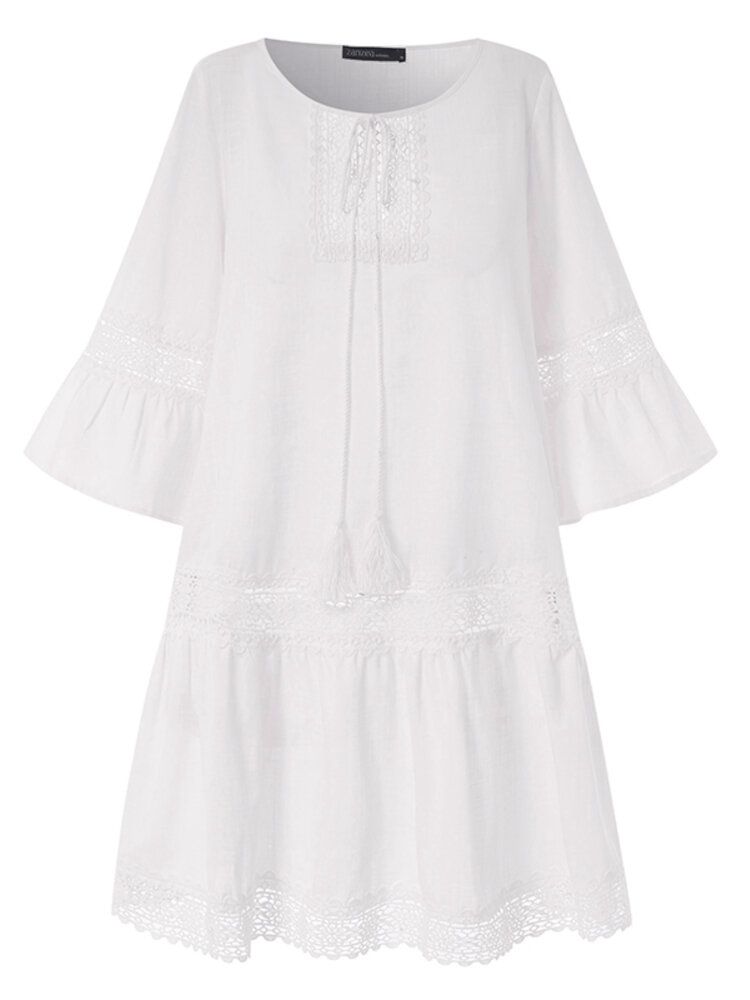 Mini Vestido De Vacaciones Informal De Manga 3/4 Con Cuello En V Y Cordones De Color Sólido Para Mujer