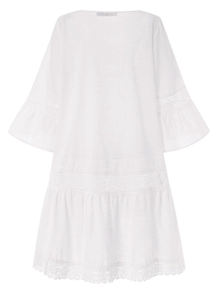 Mini Vestido De Vacaciones Informal De Manga 3/4 Con Cuello En V Y Cordones De Color Sólido Para Mujer