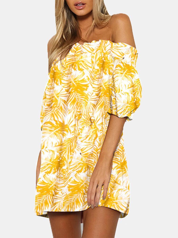 Mini Vestido De Vacaciones De Verano Con Estampado De Plantas Tropicales Y Hombros Descubiertos