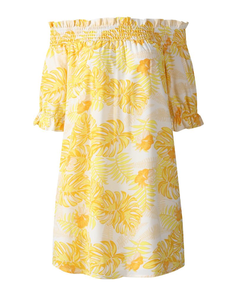 Mini Vestido De Vacaciones De Verano Con Estampado De Plantas Tropicales Y Hombros Descubiertos