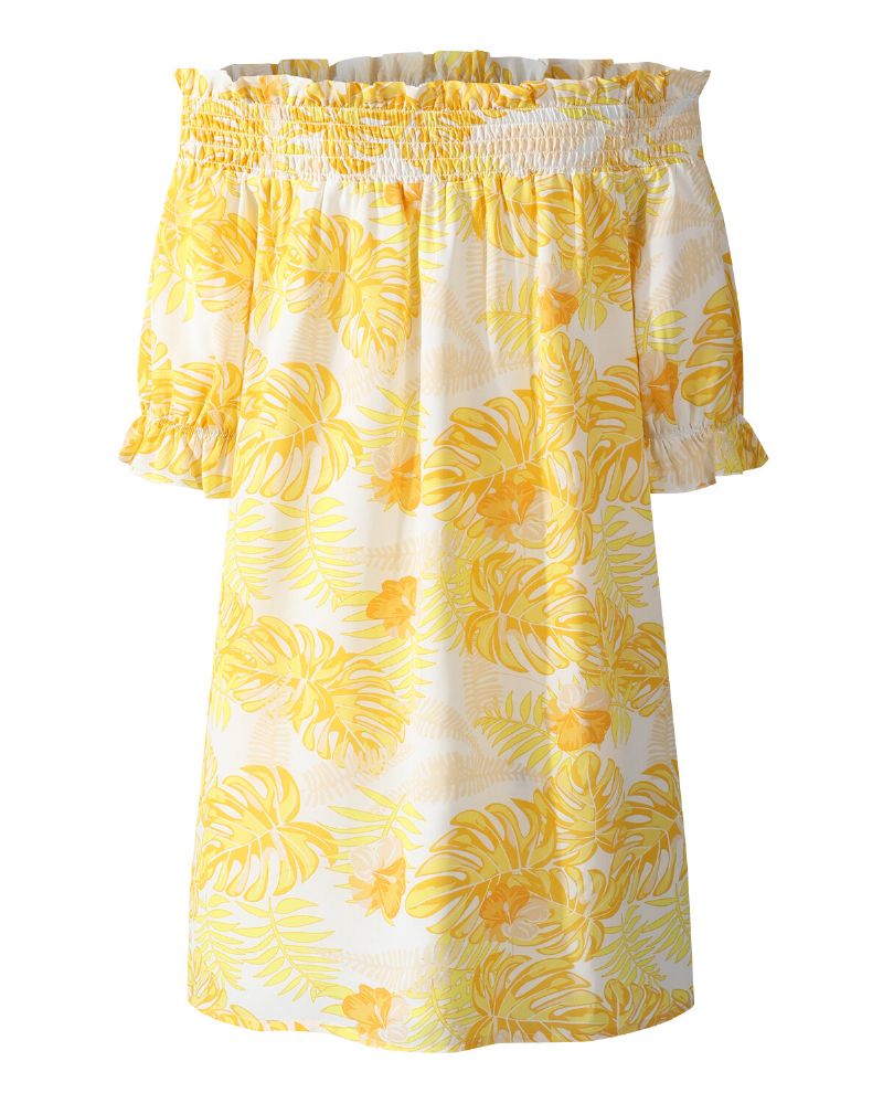 Mini Vestido De Vacaciones De Verano Con Estampado De Plantas Tropicales Y Hombros Descubiertos