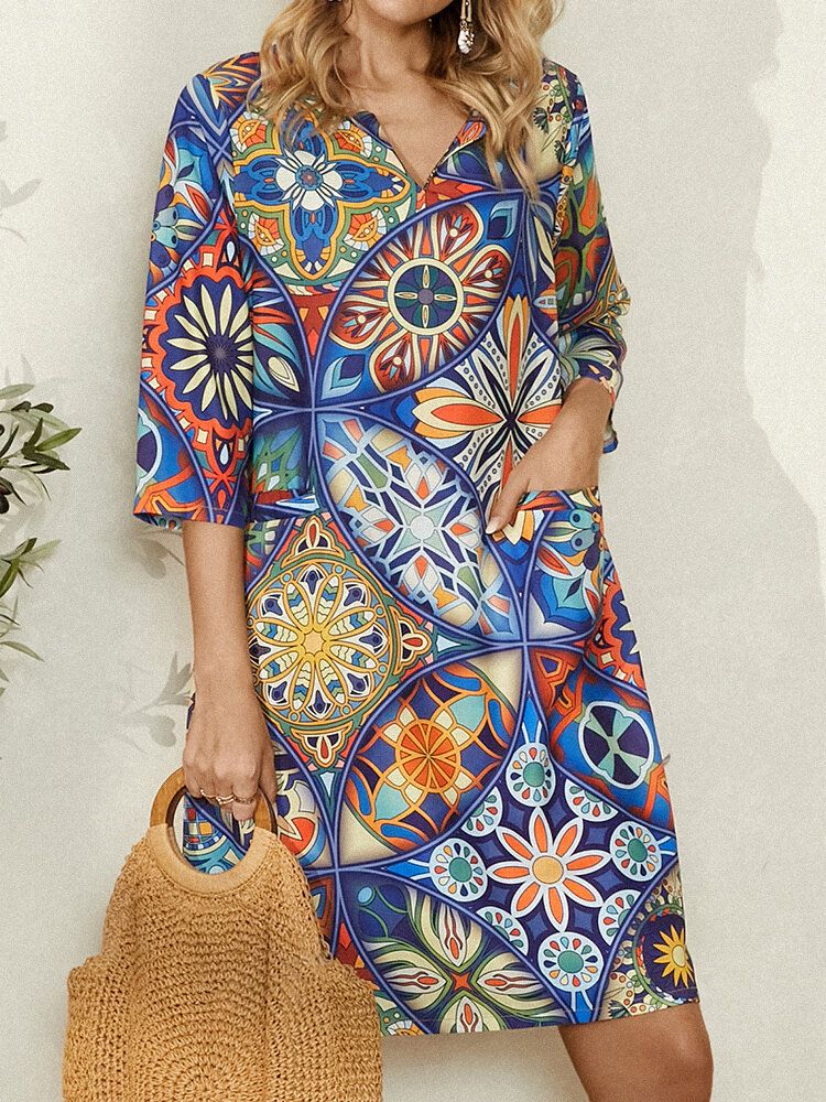 Mini Vestido Vintage Con Cuello En V Y Estampado Étnico De 3 4 Mangas Con Bolsillo Para Mujer