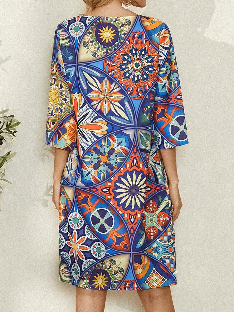 Mini Vestido Vintage Con Cuello En V Y Estampado Étnico De 3 4 Mangas Con Bolsillo Para Mujer