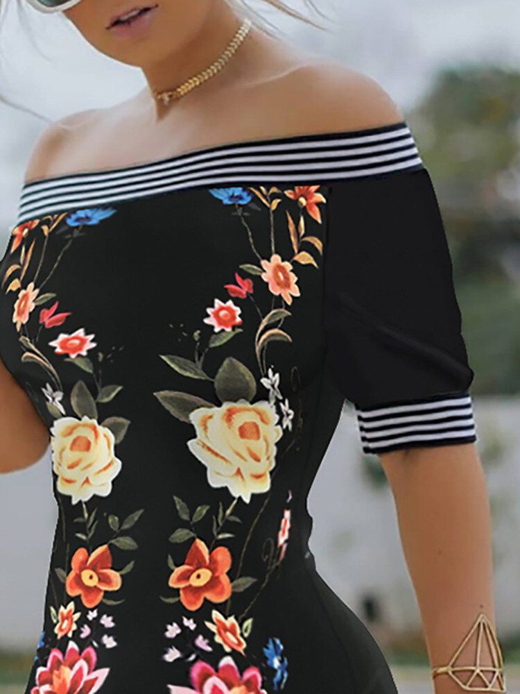 Mini Vestidos Ajustados Con Hombros Descubiertos Y Estampado Floral Vintage Para Mujer