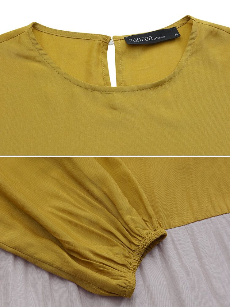 Mini Vestidos Casuales De Manga Larga Con Cuello Redondo Y Paneles De Bloques De Color Para Mujer