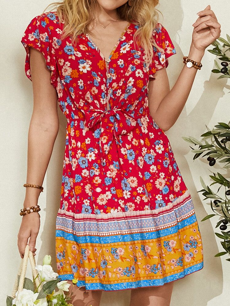 Mini Vestidos De Manga Corta Informales Anudados Con Cuello En V Con Estampado Floral Retro Para Mujer