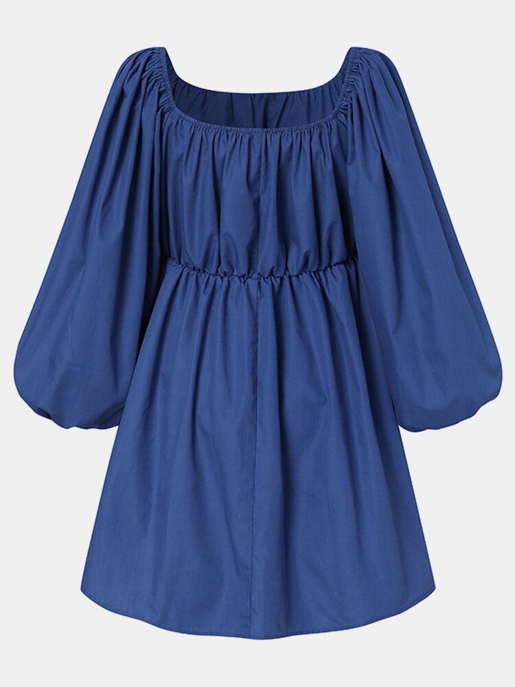 Mini Vestidos Plisados Con Manga Abullonada Y Cuello Cuadrado De Color Puro Para Mujer