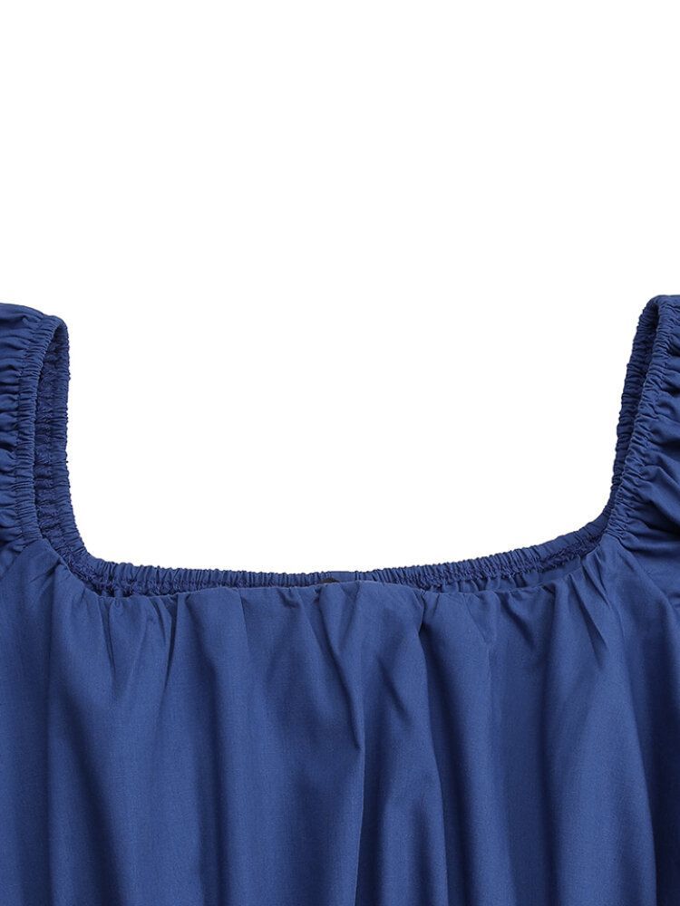 Mini Vestidos Plisados Con Manga Abullonada Y Cuello Cuadrado De Color Puro Para Mujer