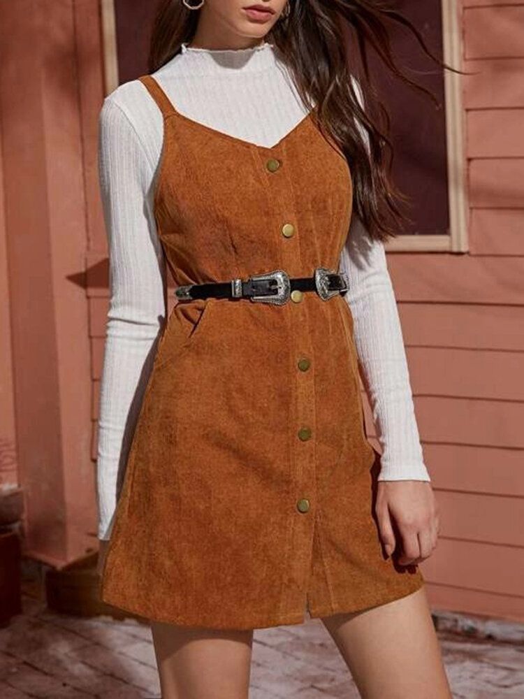 Mini Vestidos De Una Línea De Color Sólido Con Botones De Espagueti De Pana Vintage Para Mujer