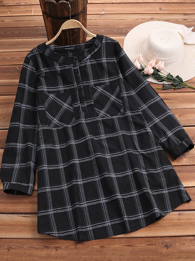 Vestido De Camisa A Cuadros De Manga Larga Con Cuello Alto Y Botones Para Mujer