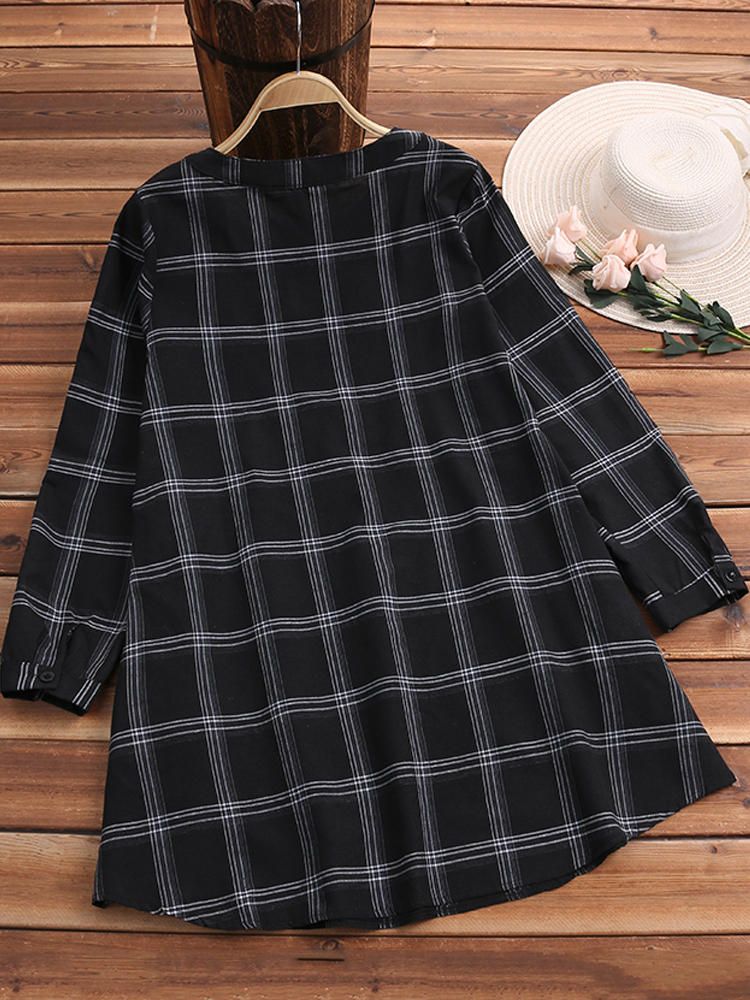 Vestido De Camisa A Cuadros De Manga Larga Con Cuello Alto Y Botones Para Mujer