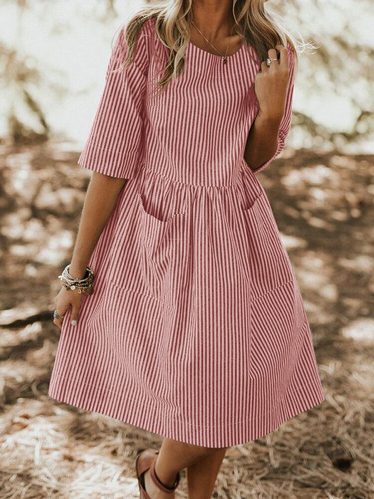 Vestido De Camisa De Media Manga A Rayas Casual Para Mujer