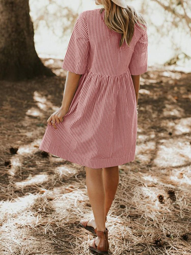 Vestido De Camisa De Media Manga A Rayas Casual Para Mujer