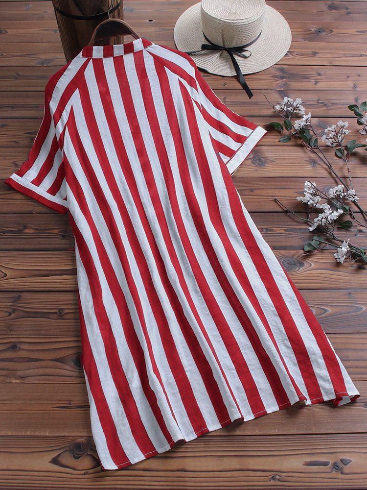 Vestido Camisero Informal A Rayas Con Botones Para Mujer