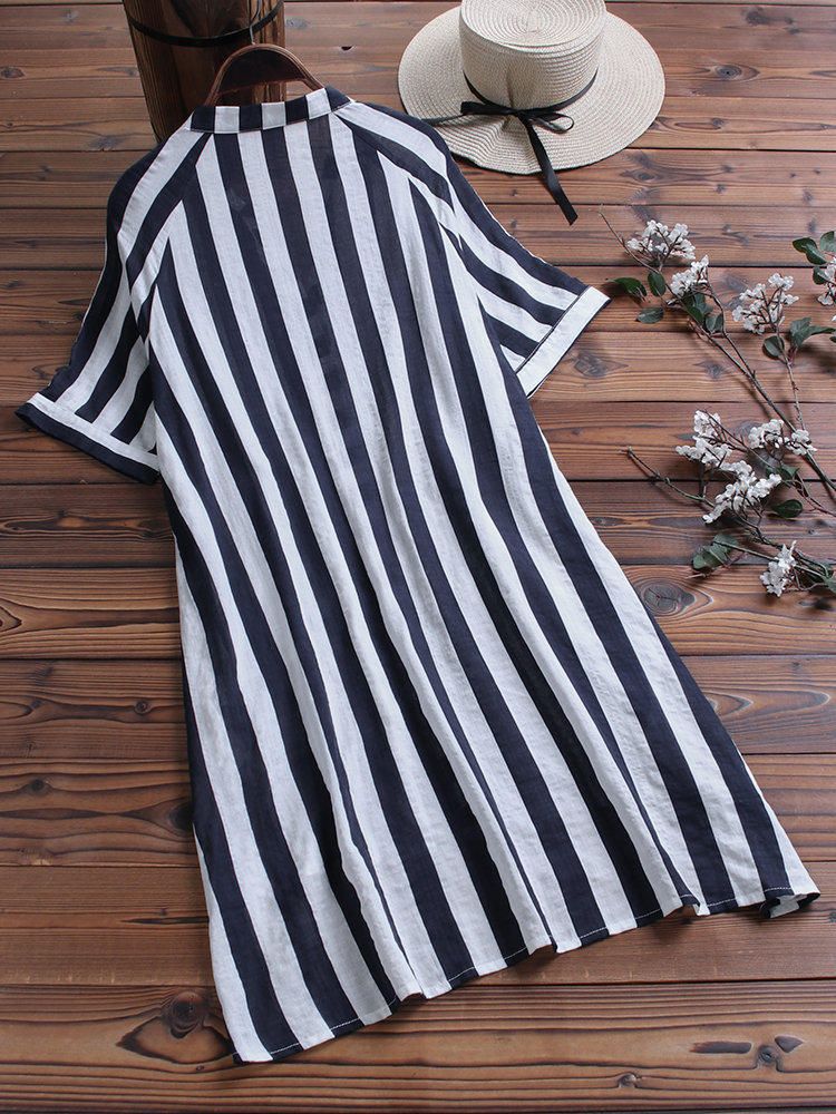 Vestido Camisero Informal A Rayas Con Botones Para Mujer