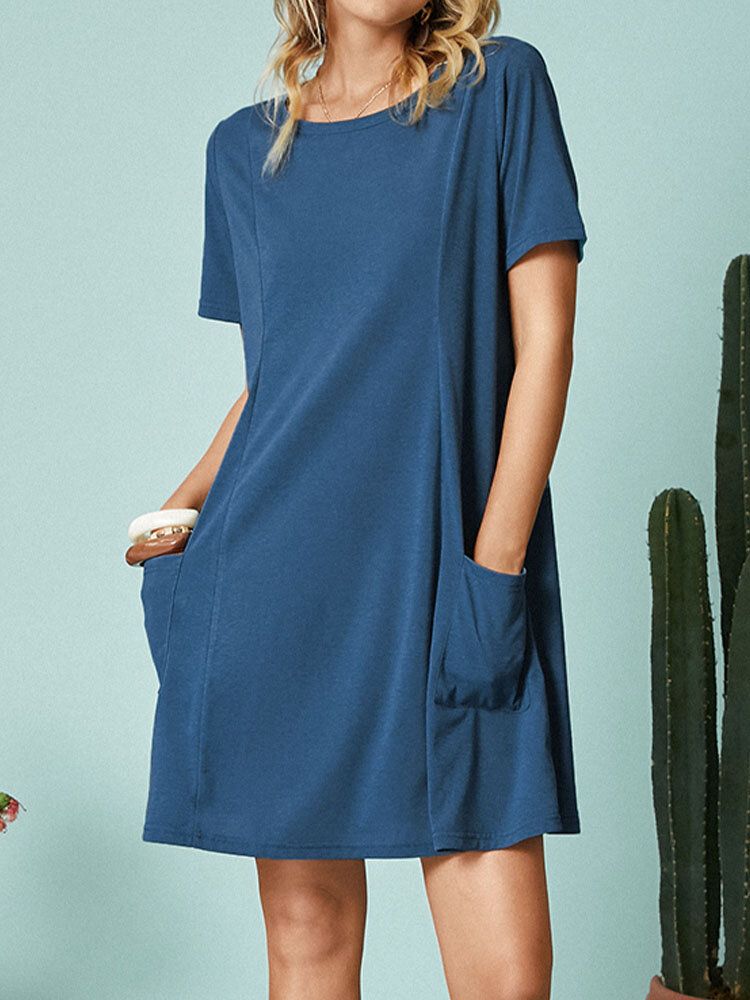 Vestido Casual Con Cuello Redondo Y Bolsillo De Manga Corta De Color Sólido Para Mujer