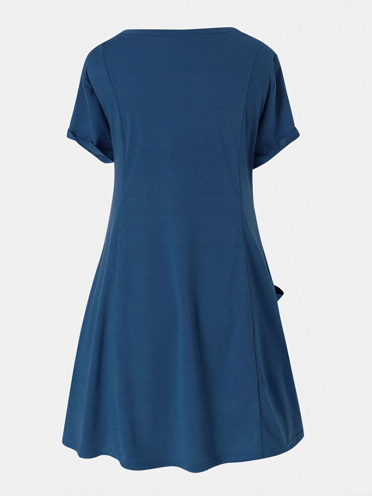 Vestido Casual Con Cuello Redondo Y Bolsillo De Manga Corta De Color Sólido Para Mujer