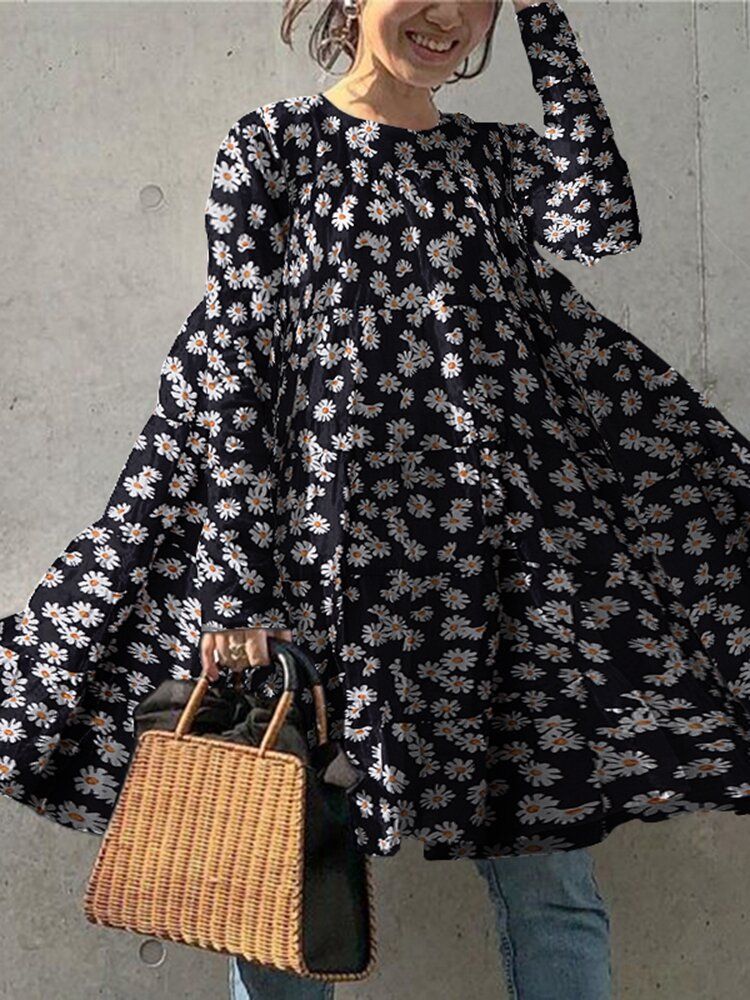 Vestido Casual De Manga Larga Con Estampado De Margaritas Para Mujer