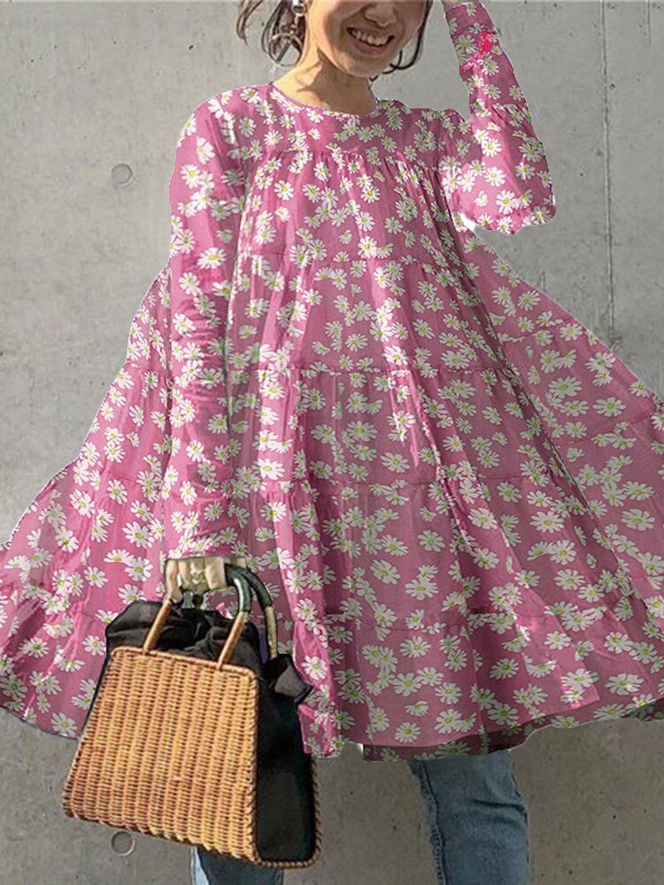 Vestido Casual De Manga Larga Con Estampado De Margaritas Para Mujer