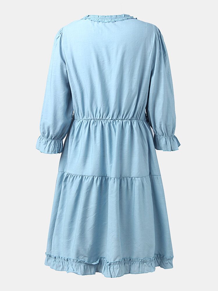 Vestido Casual De Retazos De Manga 3/4 Con Cuello En V De Color Sólido Para Mujer