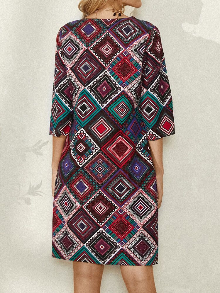 Vestido Casual Vintage De Manga 3/4 Con Estampado Geométrico Étnico De Mujer Con Bolsillo