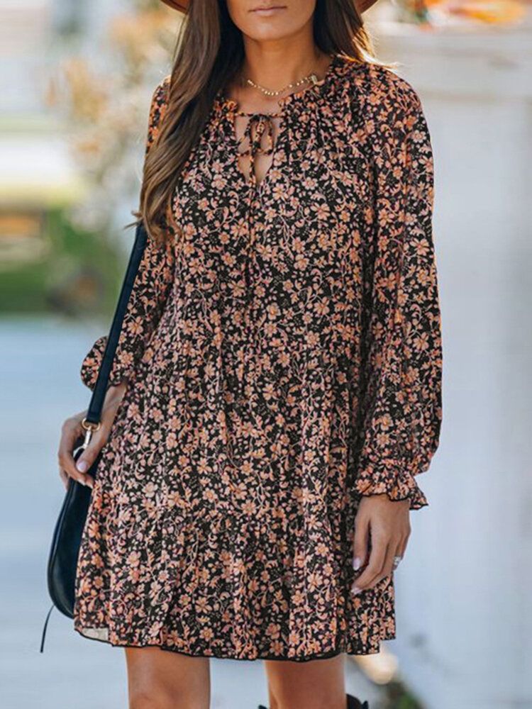 Vestido De Doble Capa Con Mangas Acampanadas Y Cuello En V Con Estampado Floral Ditsy Para Mujer Con Forro