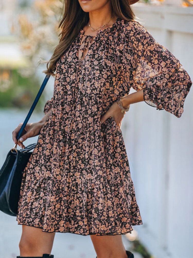 Vestido De Doble Capa Con Mangas Acampanadas Y Cuello En V Con Estampado Floral Ditsy Para Mujer Con Forro