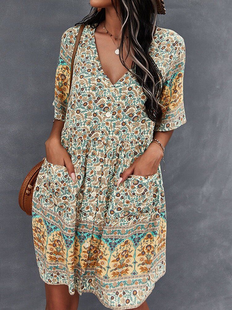 Vestido Estampado De Manga Corta Con Botones Y Cuello En V Étnico Floral Bohemio