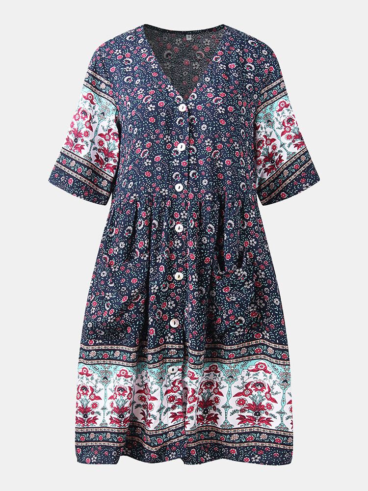 Vestido Estampado De Manga Corta Con Botones Y Cuello En V Étnico Floral Bohemio