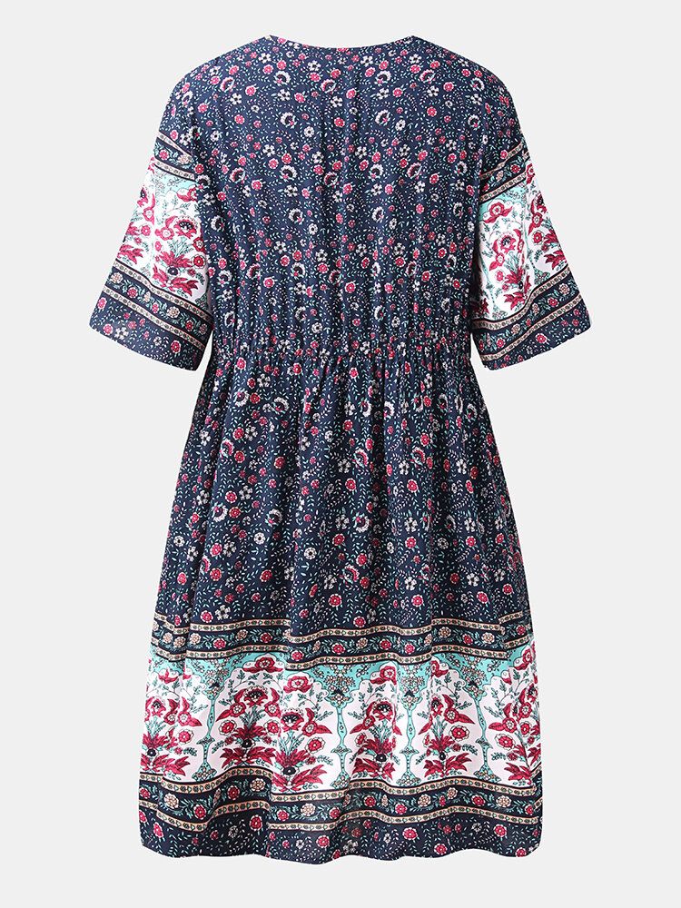 Vestido Estampado De Manga Corta Con Botones Y Cuello En V Étnico Floral Bohemio