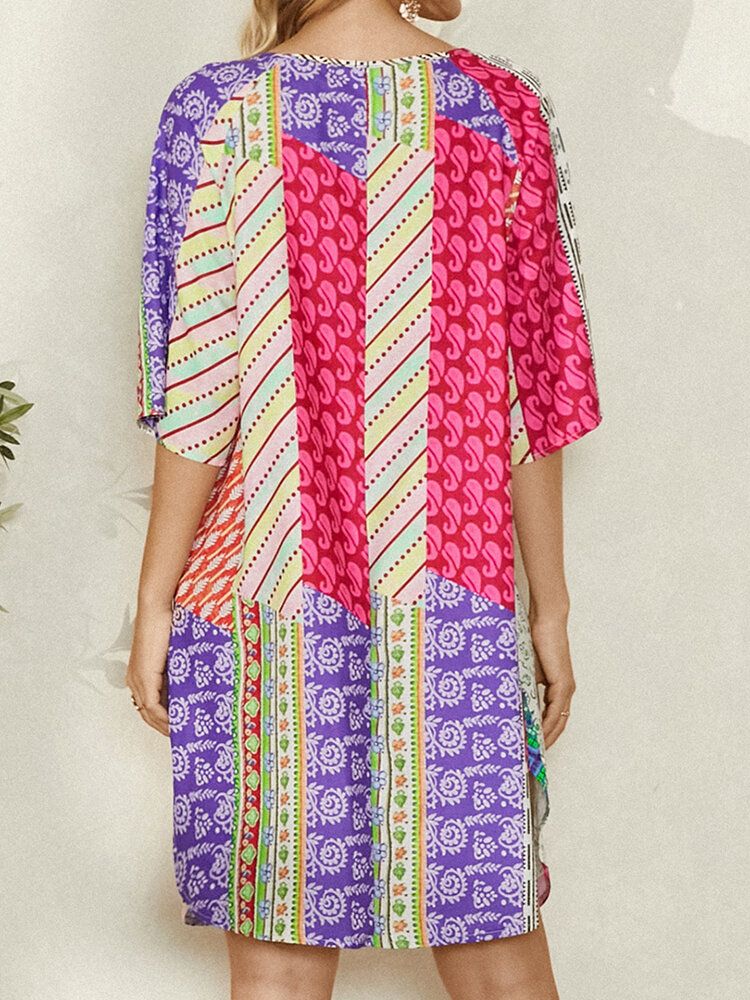 Vestido De Estilo Étnico De Media Manga Con Cuello Redondo Y Estampado De Bloques De Colores Abstractos Para Mujer