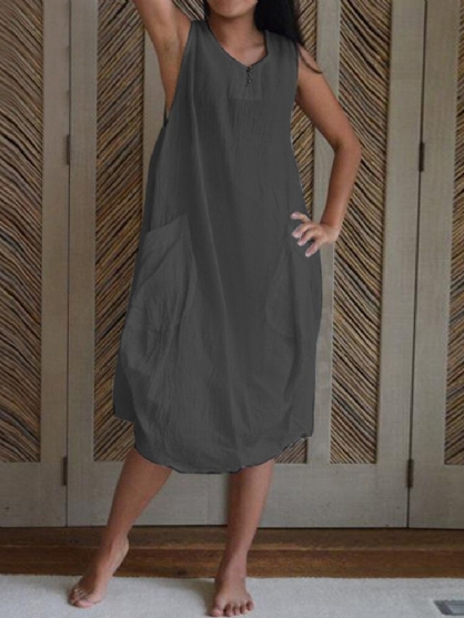 Vestido Informal Holgado Sin Mangas De Algodón Sin Mangas Con Bolsillo Lateral Para Mujer